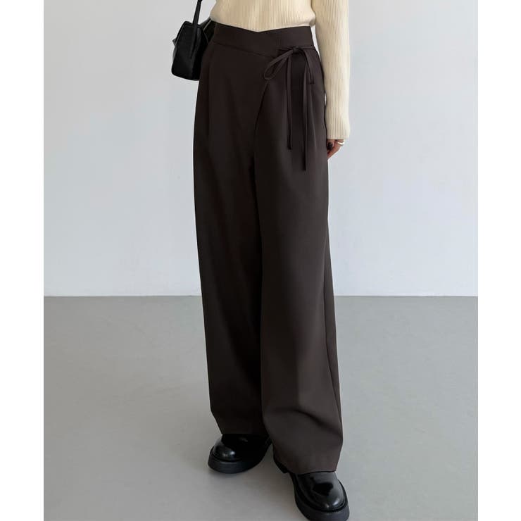 ダークブラウン | callautia 薄手ラップリボンスラックスパンツ（裏地無し） | JUNOAH