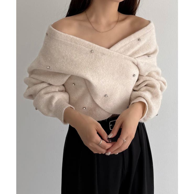 アイボリー | callautia オフショルビジュークロスニット | JUNOAH