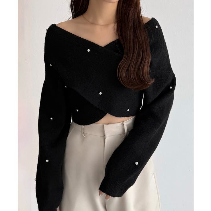 ブラック | callautia オフショルビジュークロスニット | JUNOAH