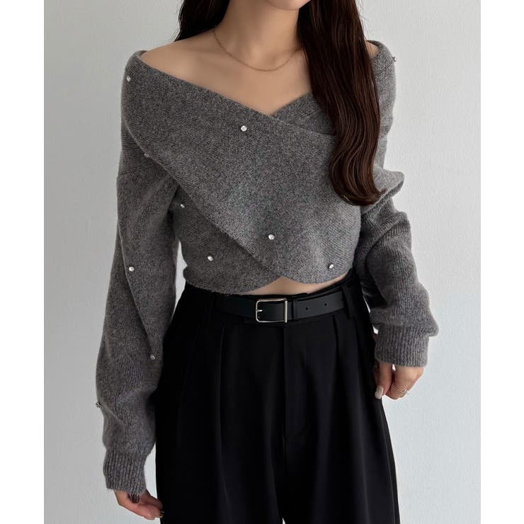 チャコール | callautia オフショルビジュークロスニット | JUNOAH