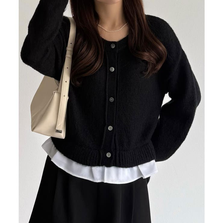 ブラック | callautia フリルドッキングシャギーニット | JUNOAH