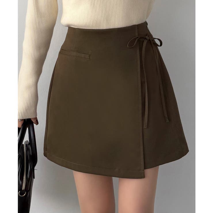 ブラウン | callautia ラップ風リボンミニスカート（インパン付き） | JUNOAH