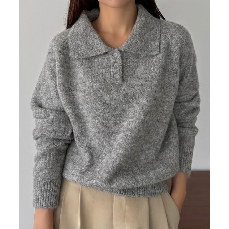 グレー | callautia ミックスカラーハーフボタンポロニット | JUNOAH