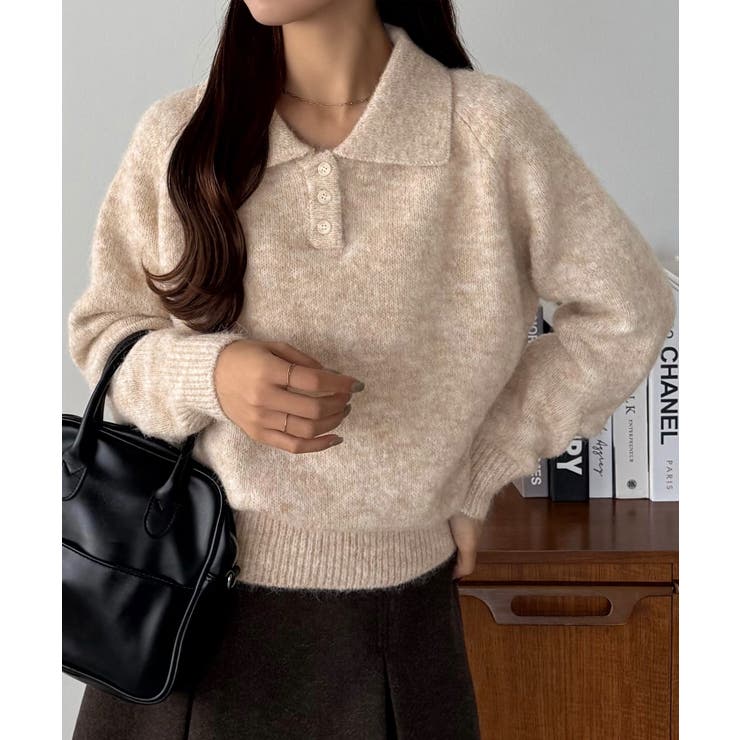 サンドベージュ | callautia ミックスカラーハーフボタンポロニット | JUNOAH