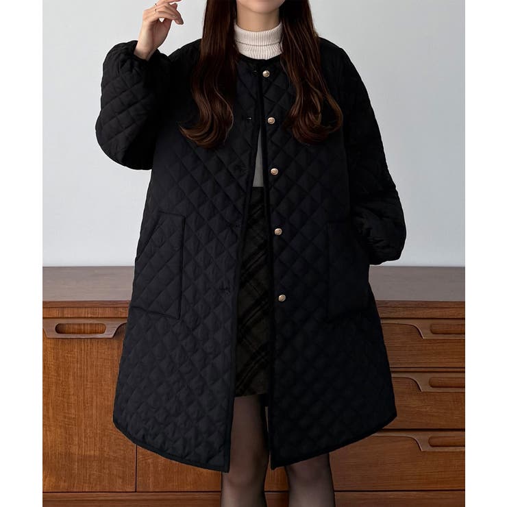 ブラック | callautia 金ボタンノーカラーキルティングコート | JUNOAH