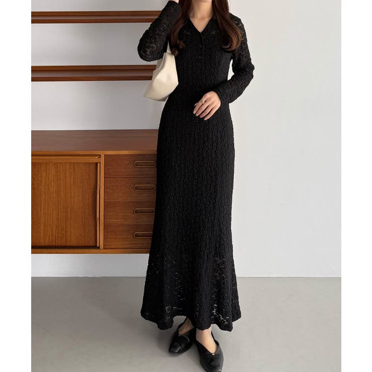 ブラック | callautia カットレース長袖ポロワンピース（ペチワンピースセット） | JUNOAH