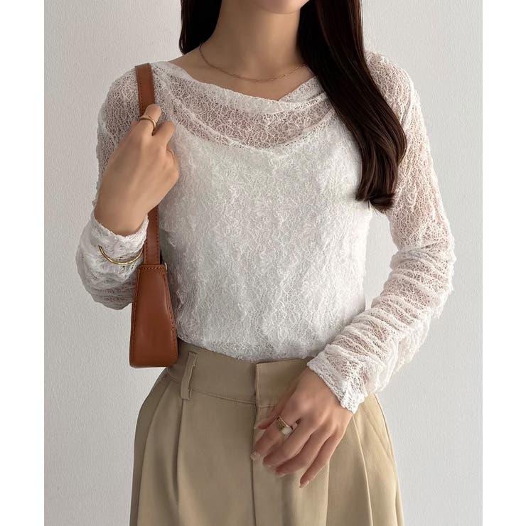 ホワイト | callautia 袖ギャザードレープレーストップス | JUNOAH