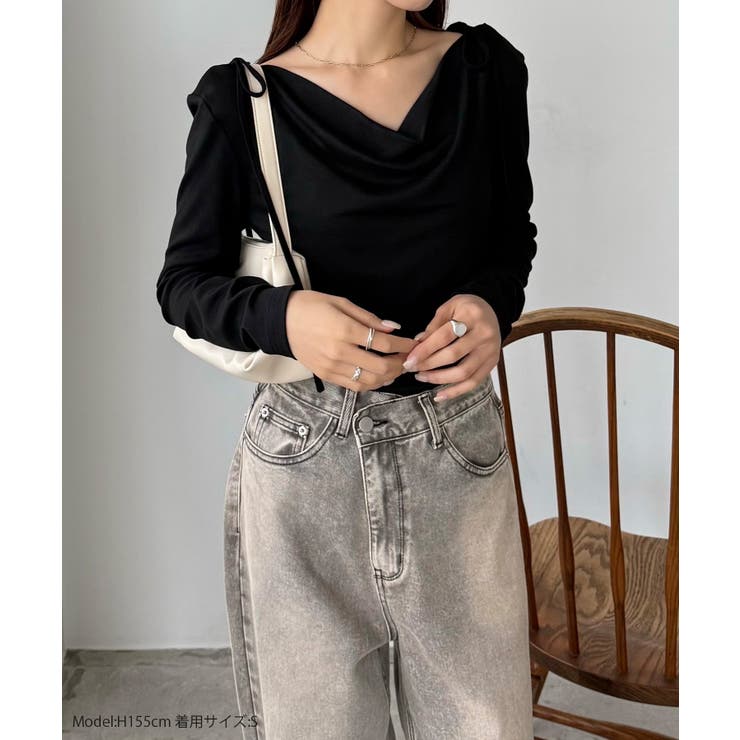 callautia 薄手2way肩リボンドレープトップス | JUNOAH | 詳細画像2 