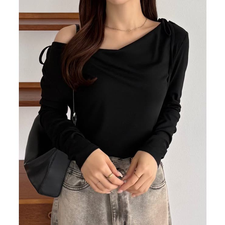 ブラック | callautia 薄手2way肩リボンドレープトップス | JUNOAH