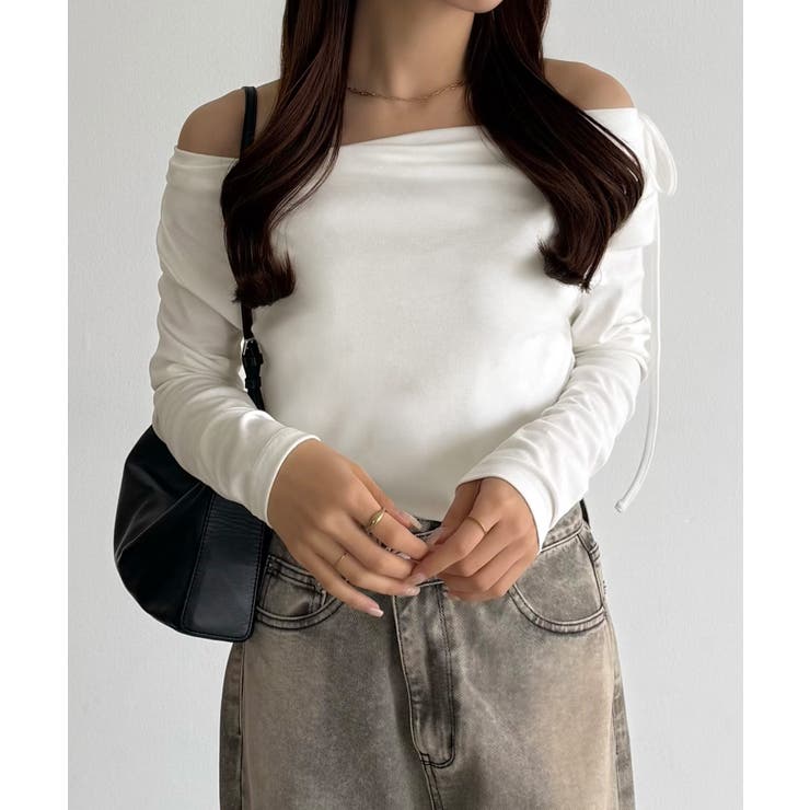 callautia 薄手2way肩リボンドレープトップス | JUNOAH | 詳細画像8 