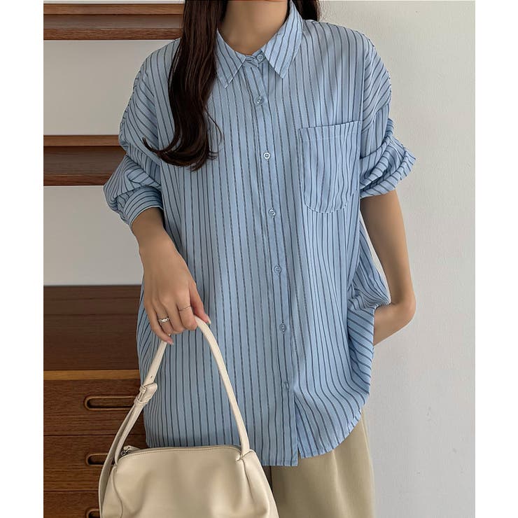 ブルー | callautia バックスリットオーバーサイズストライプシャツ | JUNOAH