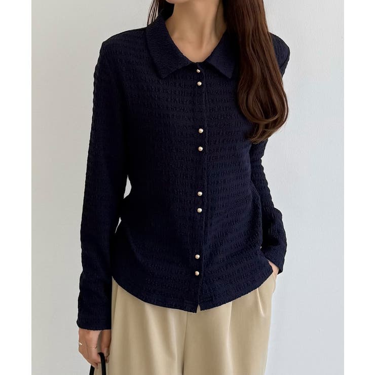 ネイビー | callautia カットジャガードポロトップス | JUNOAH