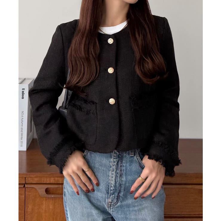 ブラック | callautia ゴールドボタンツイードジャケット | JUNOAH