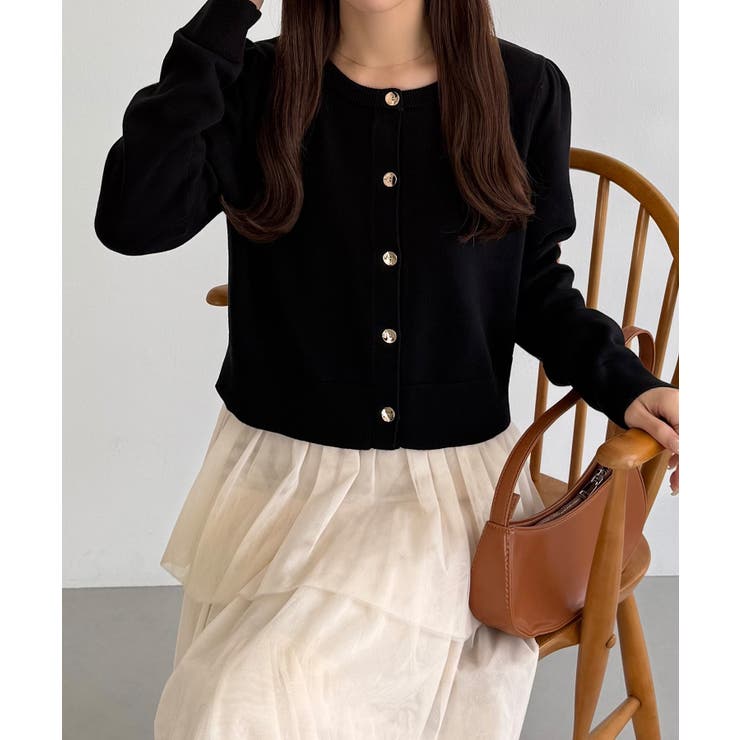 ブラック | callautia 金ボタンコットンショートニットカーディガン | JUNOAH