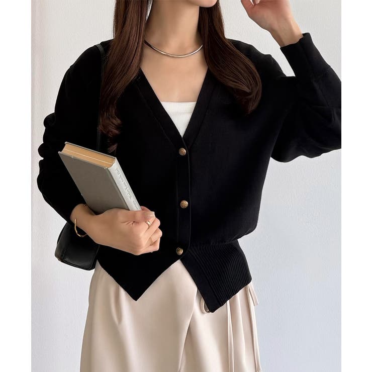 ブラック | callautia Vネックコットンニットカーディガン | JUNOAH