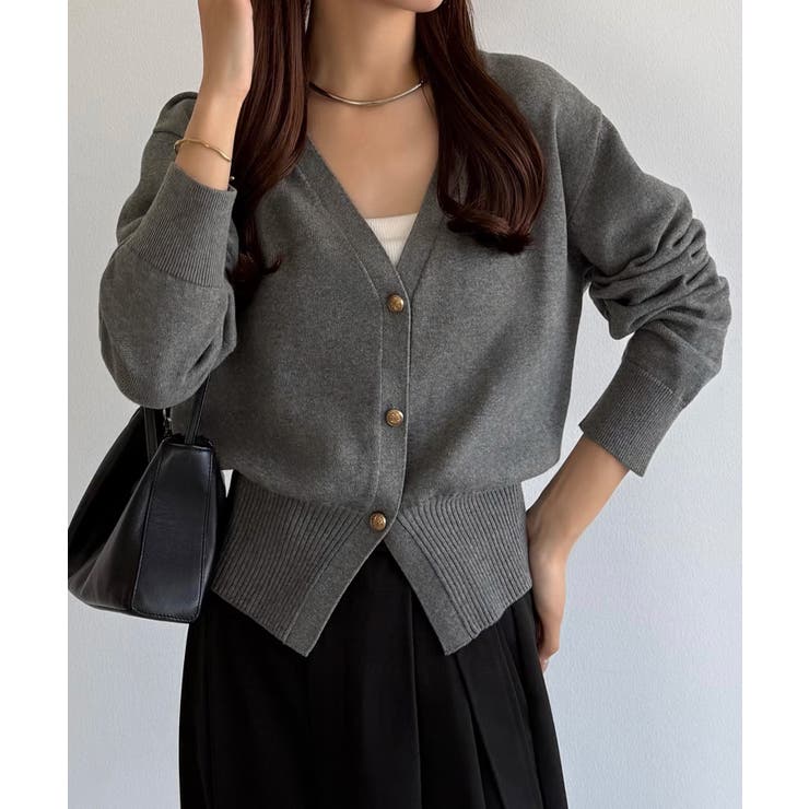 チャコール | callautia Vネックコットンニットカーディガン | JUNOAH