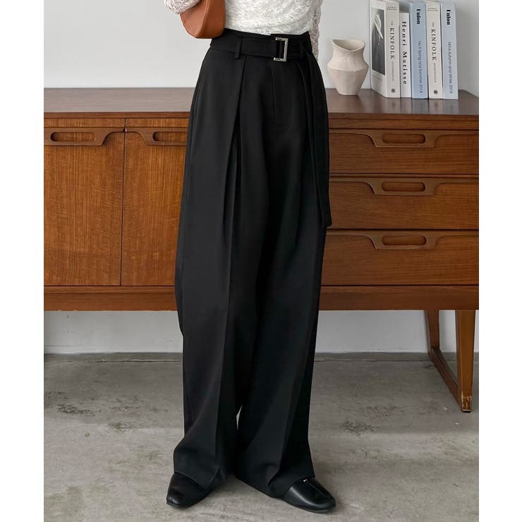ブラック | callautia ベルト付きダブルタックワイドパンツ | JUNOAH