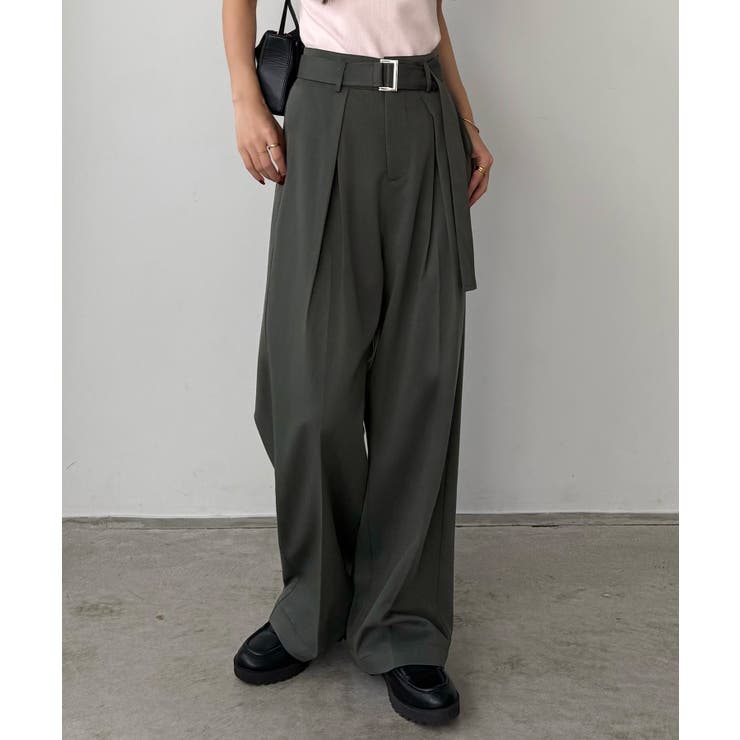 チャコール | callautia ベルト付きダブルタックワイドパンツ | JUNOAH