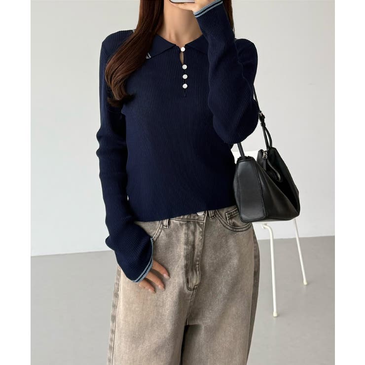 callautia 配色ポロ衿シアーニット | JUNOAH | 詳細画像19 