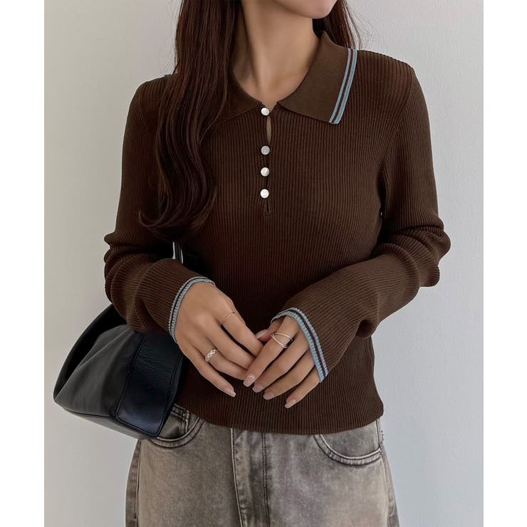 ブラウン | callautia 配色ポロ衿シアーニット | JUNOAH