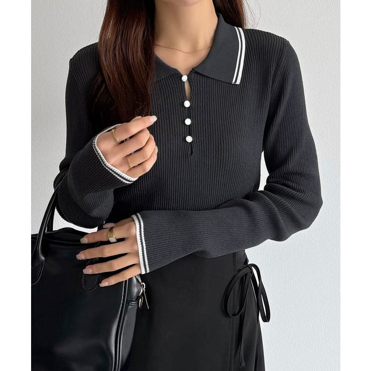 チャコール | callautia 配色ポロ衿シアーニット | JUNOAH