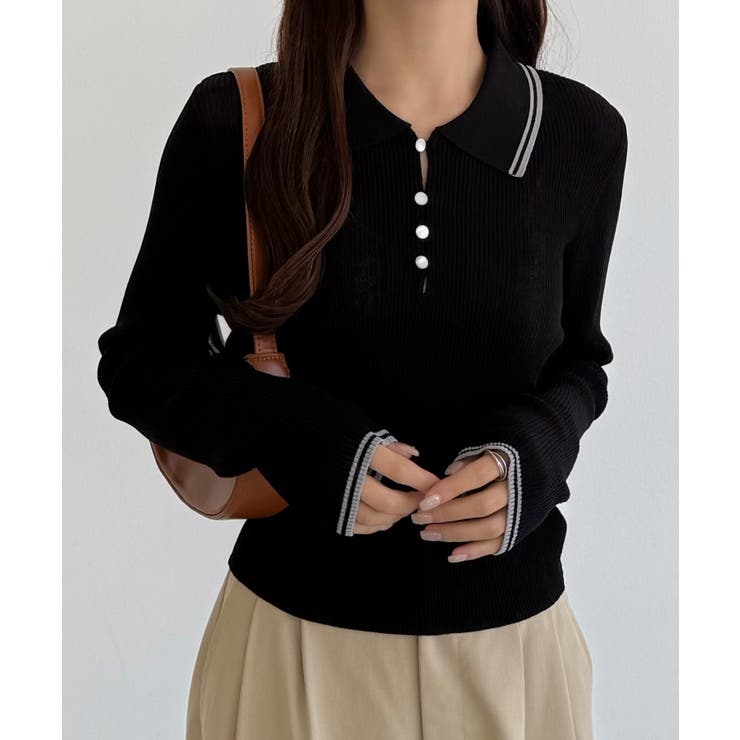 ブラック | callautia 配色ポロ衿シアーニット | JUNOAH