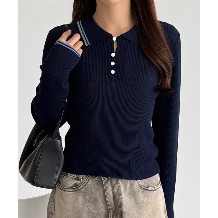 ネイビー | callautia 配色ポロ衿シアーニット | JUNOAH