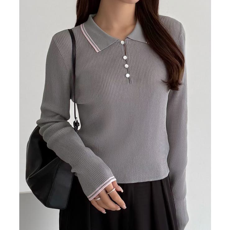 ライトグレー | callautia 配色ポロ衿シアーニット | JUNOAH