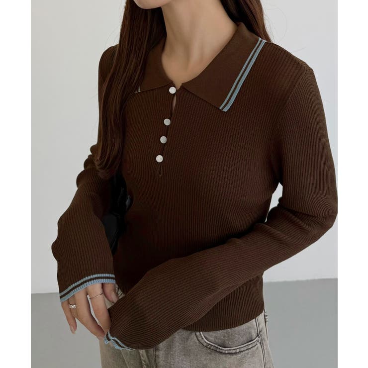 callautia 配色ポロ衿シアーニット | JUNOAH | 詳細画像4 