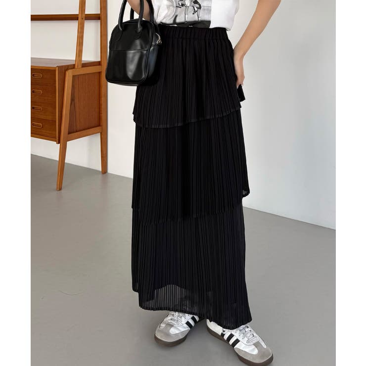 ブラック | callautia プリーツティアードスカート | JUNOAH