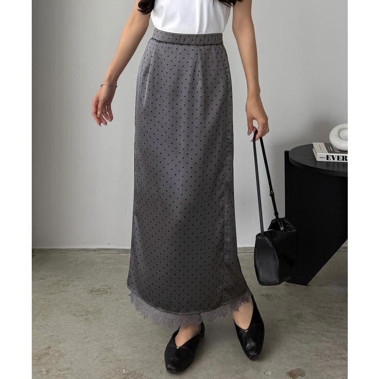 チャコール | callautia 裾レースドットサテンスカート | JUNOAH