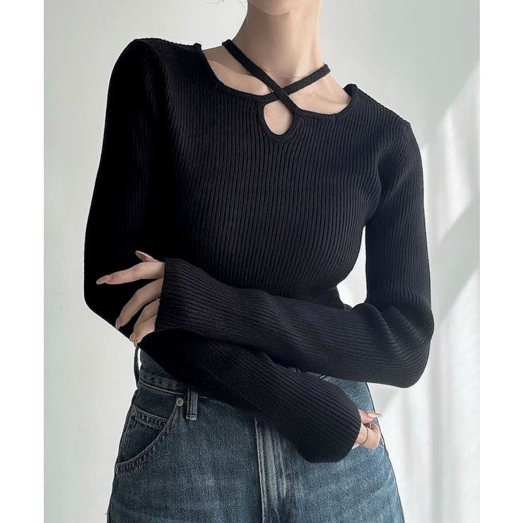 ブラック | Meiru クロスネックリブニット | JUNOAH