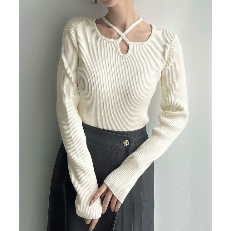 アイボリー | Meiru クロスネックリブニット | JUNOAH