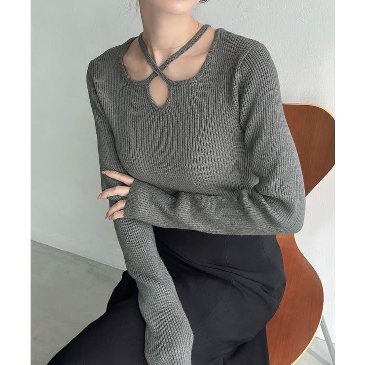 チャコール | Meiru クロスネックリブニット | JUNOAH