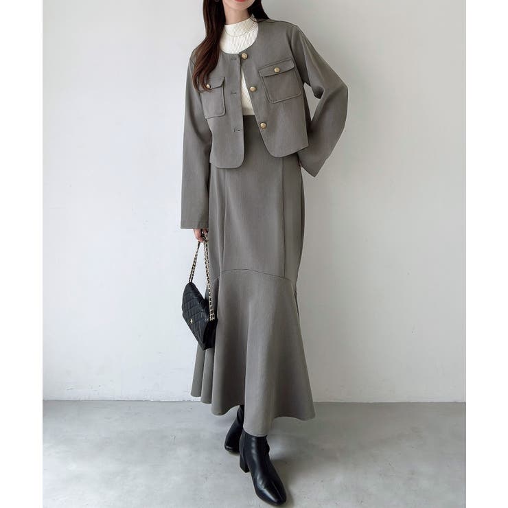 グレー | Meiru ノーカラージャケット＋マーメイドスカートSET（薄手、裏地なし） | JUNOAH