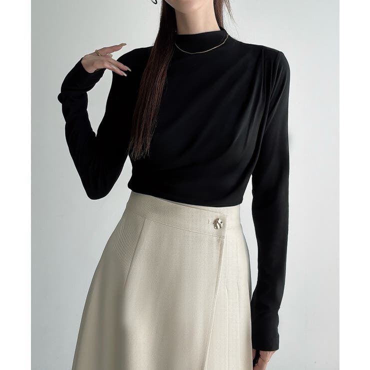 ブラック | Meiru 薄手モックネックドレープトップス | JUNOAH