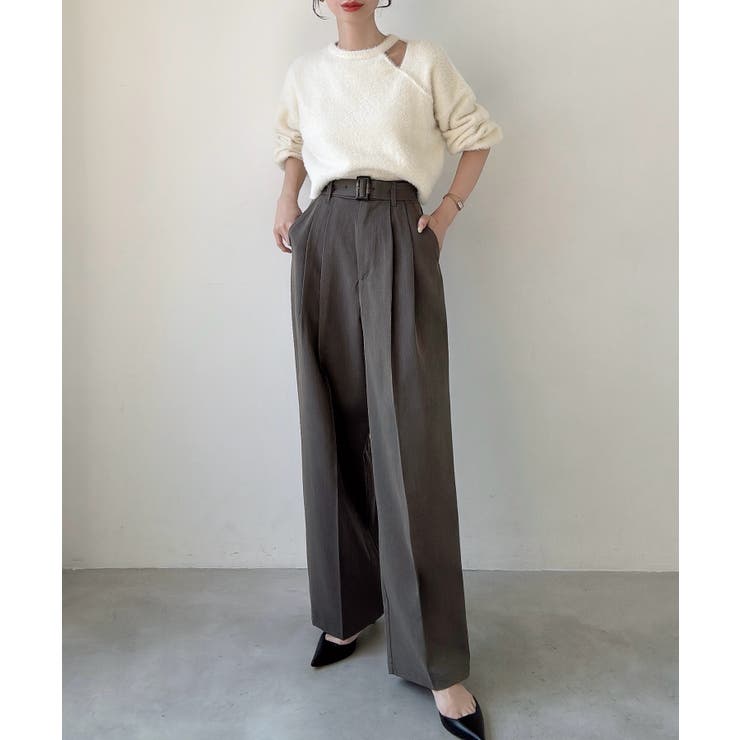 Meiru ベルト付きツータックワイドパンツ | JUNOAH | 詳細画像12 