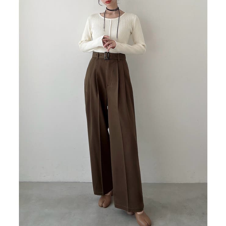 Meiru ベルト付きツータックワイドパンツ | JUNOAH | 詳細画像14 