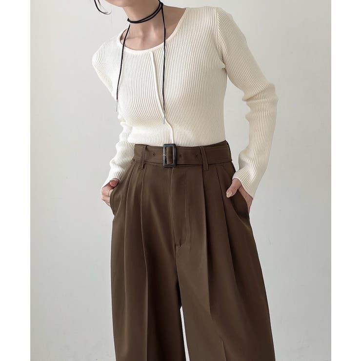 Meiru ベルト付きツータックワイドパンツ | JUNOAH | 詳細画像16 