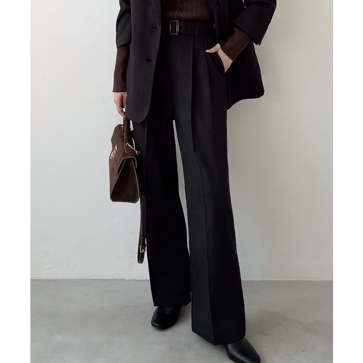 ブラック | Meiru ベルト付きツータックワイドパンツ | JUNOAH