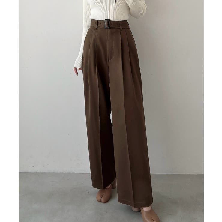 ブラウン | Meiru ベルト付きツータックワイドパンツ | JUNOAH