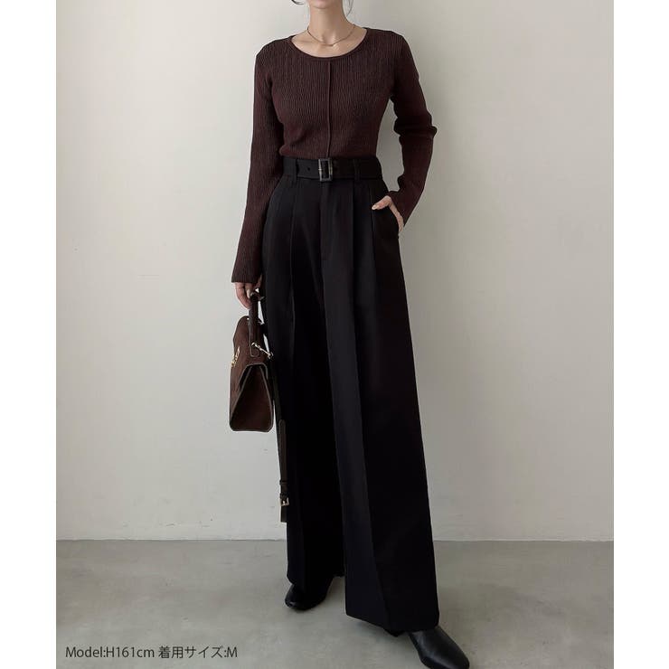 Meiru ベルト付きツータックワイドパンツ | JUNOAH | 詳細画像2 