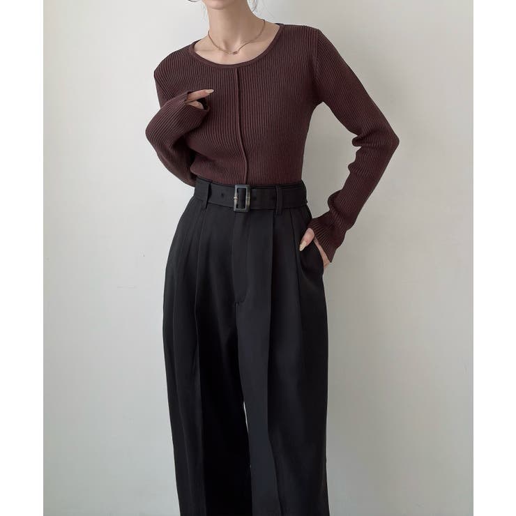 Meiru ベルト付きツータックワイドパンツ | JUNOAH | 詳細画像4 