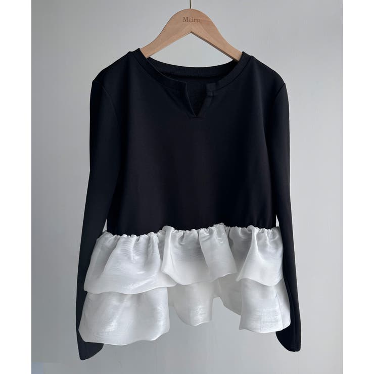 即完売品♡ マーロンエノンフィ バルーンペプラム トップス 黒 ボリューム袖 セール】バルーン切り替えペプラムトップス（Tシャツ/カットソー