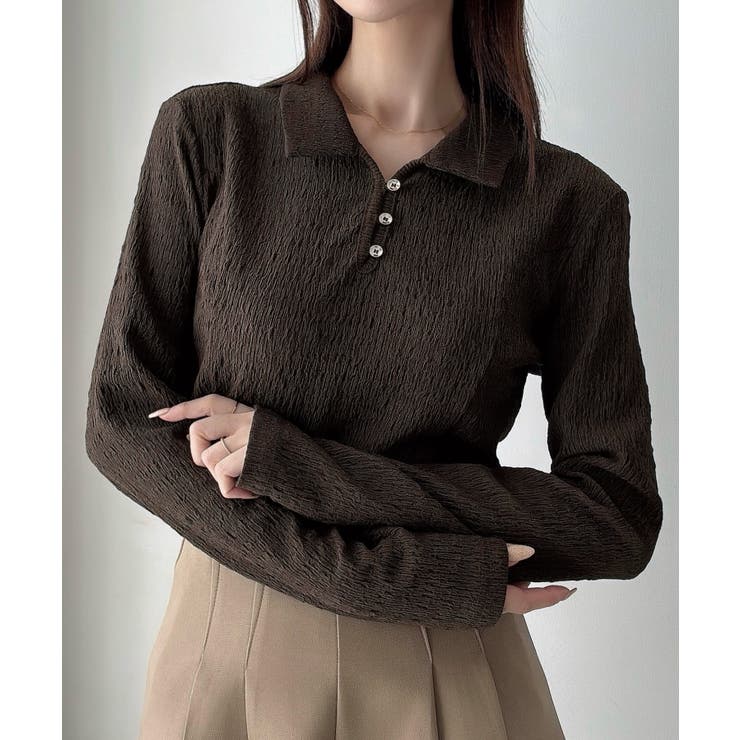 Meiru 薄手ストレッチジャガード長袖ポロカットソー | JUNOAH | 詳細画像10 