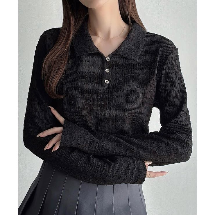 ブラック | Meiru 薄手ストレッチジャガード長袖ポロカットソー | JUNOAH