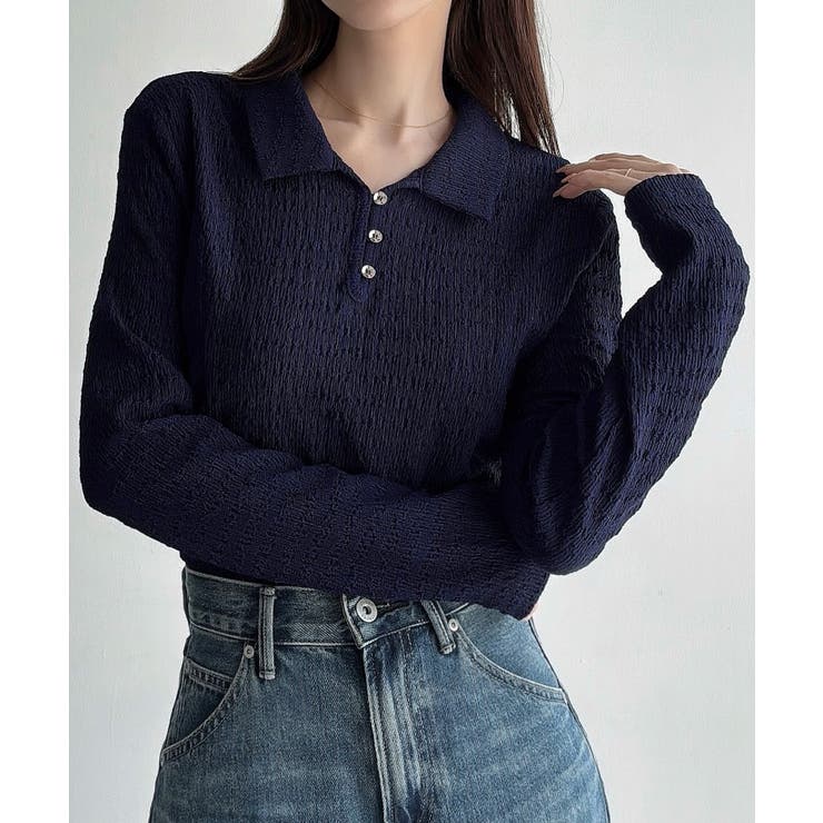 ネイビー | Meiru 薄手ストレッチジャガード長袖ポロカットソー | JUNOAH