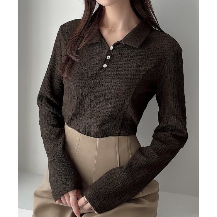 ブラウン | Meiru 薄手ストレッチジャガード長袖ポロカットソー | JUNOAH