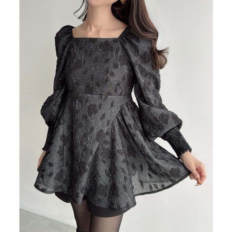 ブラック | Meiru スクエアネックジャガードペプラムトップス（薄手） | JUNOAH