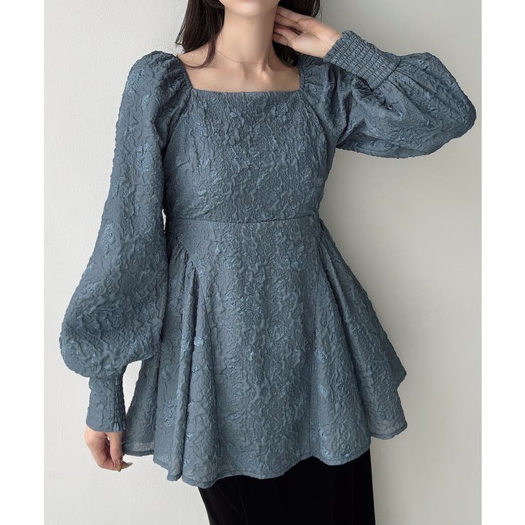 ライトネイビー | Meiru スクエアネックジャガードペプラムトップス（薄手） | JUNOAH